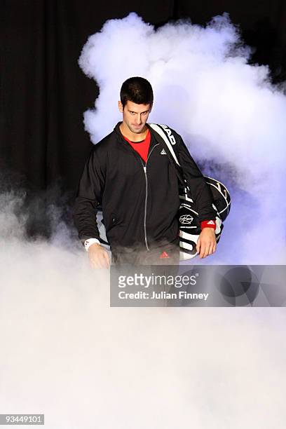 Novak Djokovic of Serbia arrives during the men's singles round robin match against Rafael Nadal of Spain during the Barclays ATP World Tour Finals...
