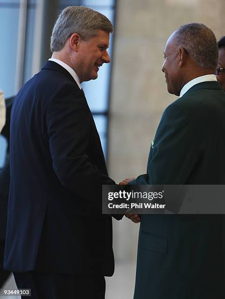 Canadian Prime Minister Stephen Harper meets the Prime Minister of Trinidad and Tobago Patrick Mannning at the Opening Ceremony for the Commonwealth...