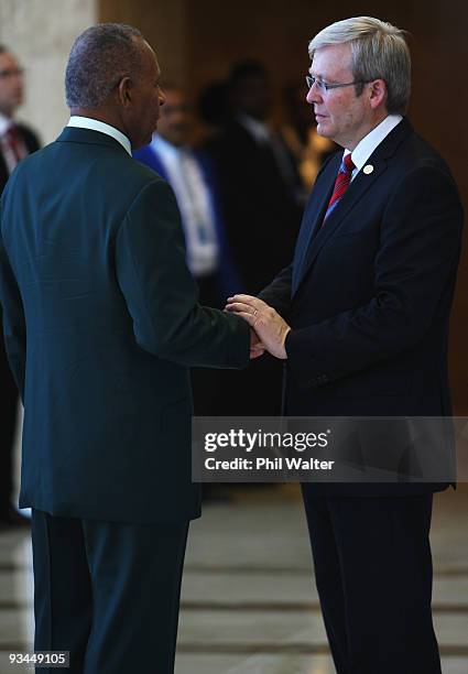 Australian Prime Minister Kevin Rudd meets the Prime Minister of Trinidad and Tobago Patrick Mannning at the Opening Ceremony for the Commonwealth...