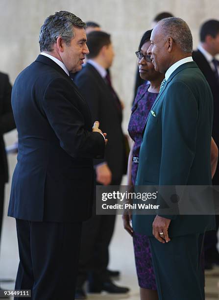 British Prime Minister Gordon Brown meets the Prime Minister of Trinidad and Tobago Patrick Mannning at the Opening Ceremony for the Commonwealth...