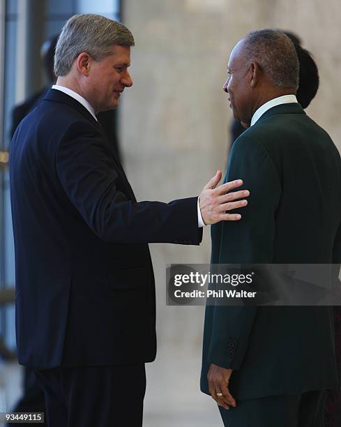 Canadian Prime Minister Stephen Harper meets the Prime Minister of Trinidad and Tobago Patrick Mannning at the Opening Ceremony for the Commonwealth...