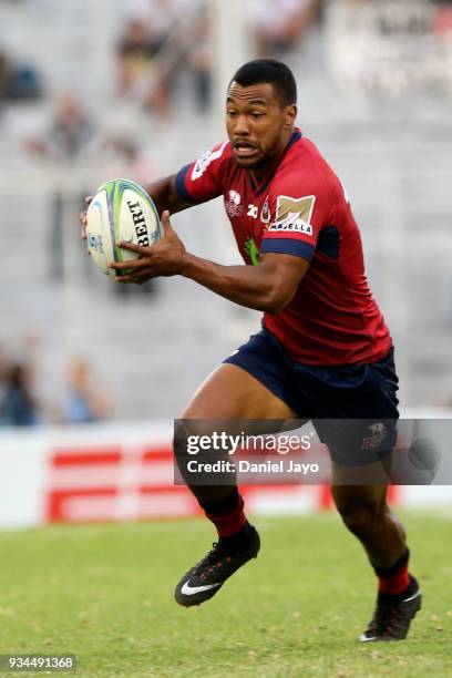 Aidan Toua of Reds runs with the ball during a match between Jaguares and Reds as part of the fifth round of Super Rugby at Jose Amalfitani Stadium...