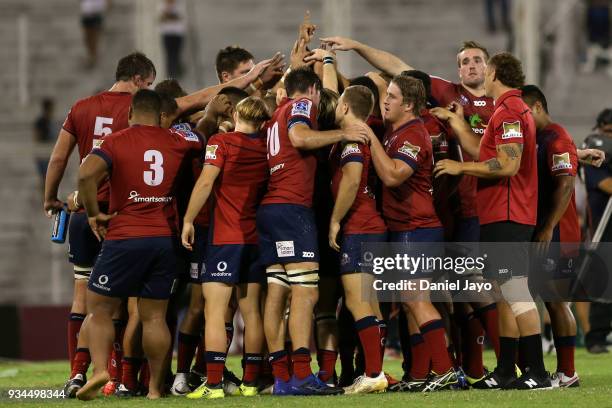 Players of Reds gather to celebrate after winning a match between Jaguares and Reds as part of the fifth round of Super Rugby at Jose Amalfitani...