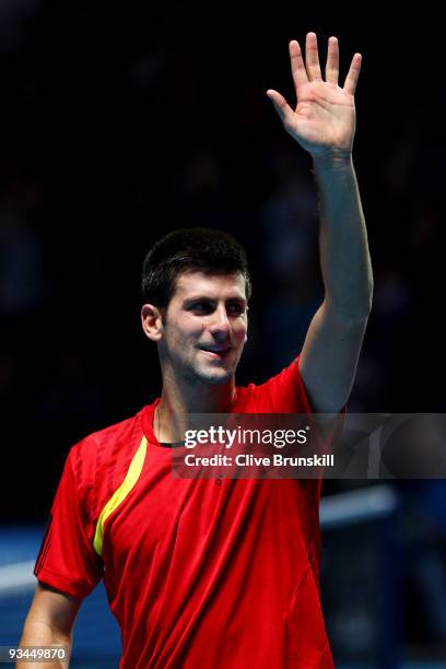 Novak Djokovic of Serbia celebrates winning the men's singles round robin match against Rafael Nadal of Spain during the Barclays ATP World Tour...