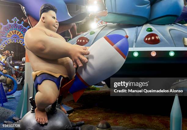 Ninot' caricature of Kim Jong-un is displayed during the Fallas Festival on March 16, 2018 in Valencia, Spain. The Fallas festival, which runs from...