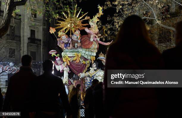 Characters of the Falla Mestre Gonzalbo-Comte d«Altea are seen during the Fallas Festival on March 16, 2018 in Valencia, Spain. The Fallas festival,...