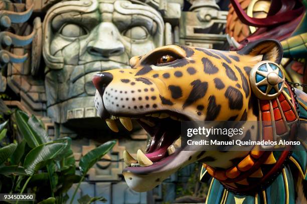 Character of Falla Almirante Cadarso - Conde Altea is seen during the Fallas Festival on March 16, 2018 in Valencia, Spain. The Fallas festival,...