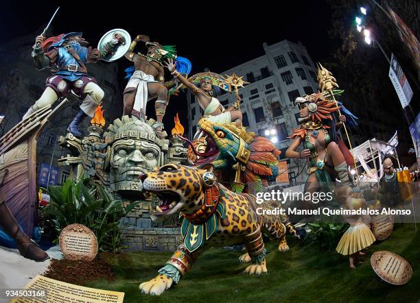 Characters of Falla Almirante Cadarso - Conde Altea are displayed during the Fallas Festival on March 16, 2018 in Valencia, Spain. The Fallas...