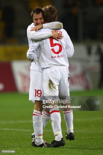 Nils Doering and Ole Kittner of Ahlen celebrate the 2-0 victory after the second Bundesliga match between Alemannia Aachen and Rot Weiss Ahlen at the...