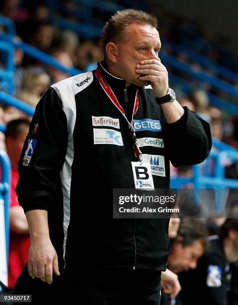 Head coach Michael Biegler of Magdeburg reacts during the Toyota Handball Bundesliga match between TV Grosswallstadt and SC Magdeburg at the f.a.n....