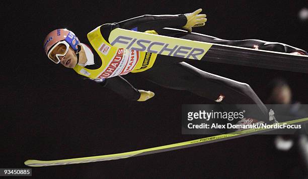 Andreas Kofler of Austria soars through the air during the HS 142 team event of the FIS Ski Jumping World Cup on November 27, 2009 in Kuusamo,...