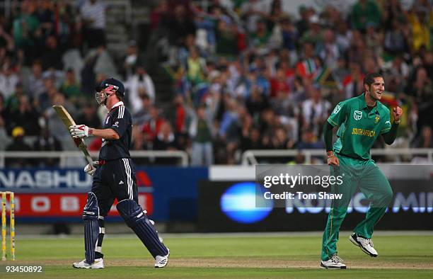 Wayne Parnell of South Africa celebrates taking the wicket of Paul Collingwood of England during the 3rd One Day International between South Africa...