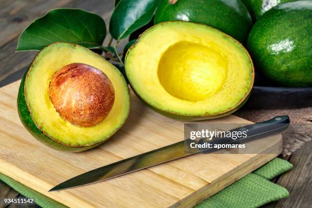 nahaufnahme eines grünen reife avocados mit blättern - aguacates stock-fotos und bilder