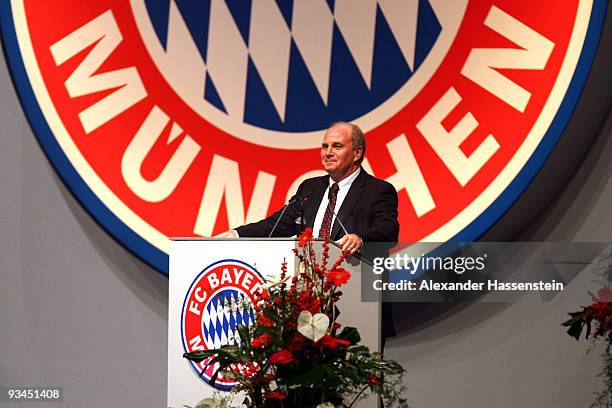 Uli Hoeness, the new elected president of FC Bayern Muenchen speaks during the FC Bayern Muenchen general meeting at the Neue Messe Munich on...