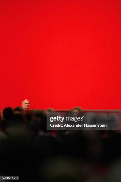 Uli Hoeness, the new elected president of FC Bayern Muenchen looks on during the FC Bayern Muenchen general meeting at the Neue Messe Munich on...