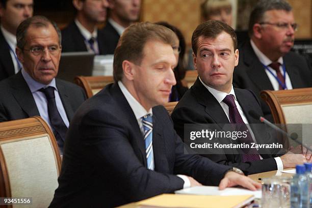 Russian Foreign Minister Sergey Lavrov, First Deputy Prime Minister Igor Shuvalov and President Dmitry Medvedev attend the EURASEC Summit at the...