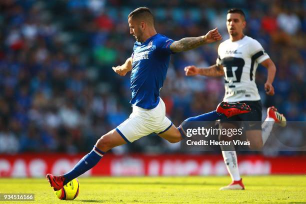 Edgar Mendez of Cruz Azul kicks the ball during the 12tth round match between Cruz Azul and Pumas UNAM as part of the Torneo Clausura 2018 Liga MX at...