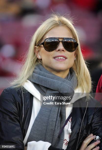 Tiger Woods' wife, Elin Nordegren, stands on the sidelines before the Cardinal game against the California Bears at Stanford Stadium on November 21,...