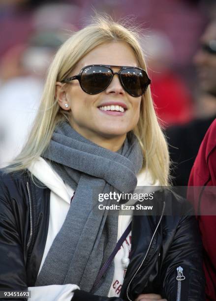 Tiger Woods' wife, Elin Nordegren, stands on the sidelines before the Cardinal game against the California Bears at Stanford Stadium on November 21,...