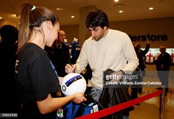 Internazionale Milan forward Diego Milito signs a ball during the FC Internazionale Milan Cocktail Party on November 27, 2009 in Milan, Italy.