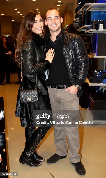 Internazionale Milan midfielder Wesley Sneijder and his girlfriend Yolanthe Cabau Van Kasbergen attend the FC Internazionale Milan Cocktail Party on...