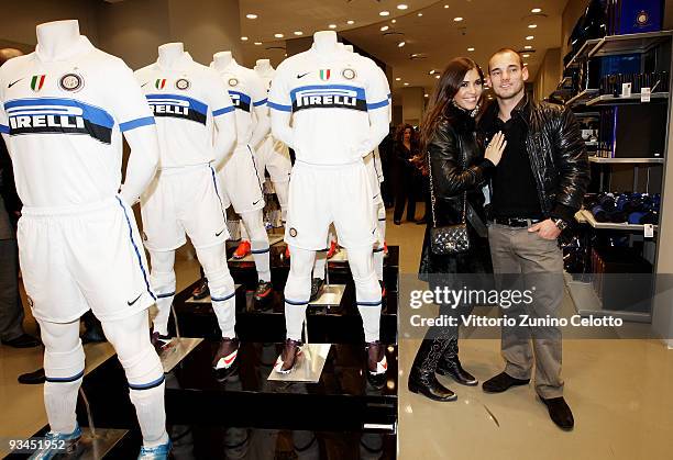 Internazionale Milan midfielder Wesley Sneijder and his girlfriend Yolanthe Cabau Van Kasbergen attend the FC Internazionale Milan Cocktail Party on...