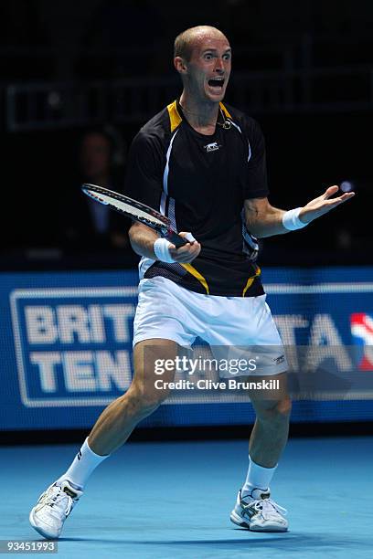 Nikolay Davydenko of Russia celebrates winning the match during the men's singles round robin match against Robin Soderling of Sweden during the...