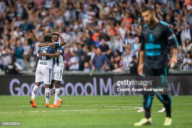 Dorlan Pabon of Monterrey celebrates with teammate Aviles Hurtado after scoring his team's second goal during the 12th round match between Monterrey...