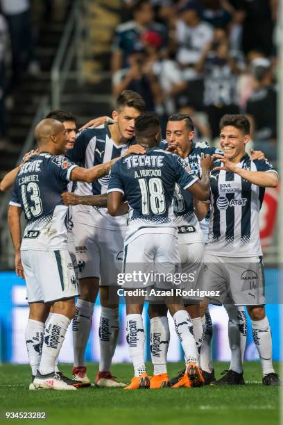 Arturo Gonzalez of Monterrey celebrates with teammates after scoring his team"u2019s third goal during the 12th round match between Monterrey and...