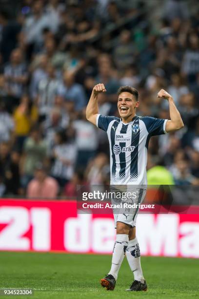Arturo Gonzalez of Monterrey celebrates after scoring his team's third goal during the 12th round match between Monterrey and Queretaro as part of...