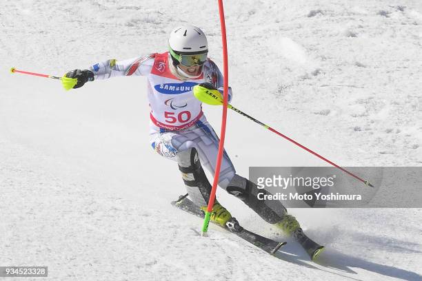 Roger Puig Davi of Andorra competes in the Alpine Skiing Men's Slalom - Standing on day eight of the PyeongChang 2018 Paralympic Games on March 17,...