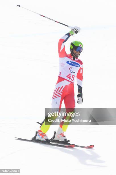 Gakuta Koike of Japan reacts after competing in the Alpine Skiing Men's Slalom - Standing on day eight of the PyeongChang 2018 Paralympic Games on...