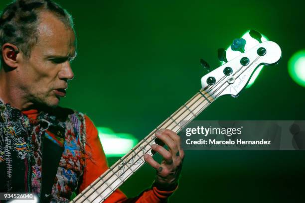 Flea of Red Hot Chili Peppers performs during the second day of Lollapalooza Chile 2018 at Parque O'Higgins on March 17, 2018 in Santiago, Chile.