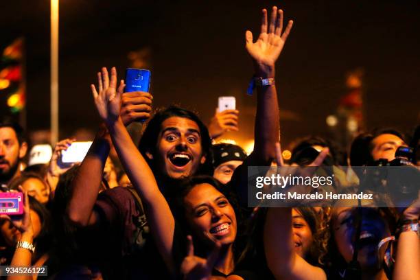 Fans enjoy the atmosphere during the show of Red Hot Chili Peppers as part of the second day of Lollapalooza Chile 2018 at Parque O'Higgins on March...