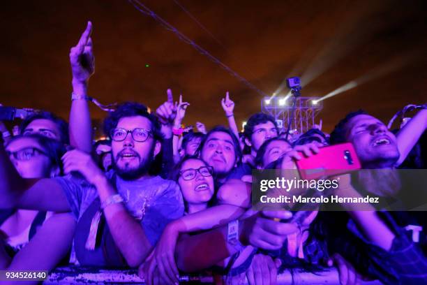 Fans enjoy the atmosphere during the show of Red Hot Chili Peppers as part of the second day of Lollapalooza Chile 2018 at Parque O'Higgins on March...