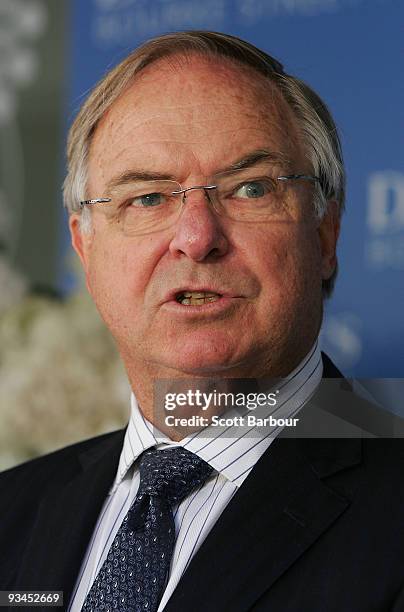 Chairman of David Jones, Robert Savage speaks during the official opening of stage one of the David Jones Bourke Street Mall redevelopment on...
