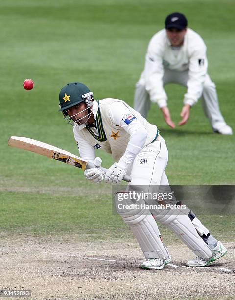 Umar Akmal of Pakistan works the ball off his pads during day five of the First Test match between New Zealand and Pakistan at the University Oval on...
