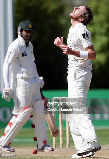 Iain O'Brien of New Zealand shows his frustration during day five of the First Test match between New Zealand and Pakistan at the University Oval on...