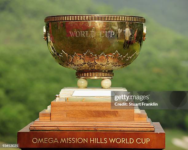 The World Cup trophy on display during Fourball on the third day of the Omega Mission Hills World Cup on the Olazabal course on November 28, 2009 in...