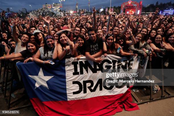 Fans enjoy the show of Imagine Dragons as part of the second day of Lollapalooza Chile 2018 at Parque O'Higgins on March 17, 2018 in Santiago, Chile.