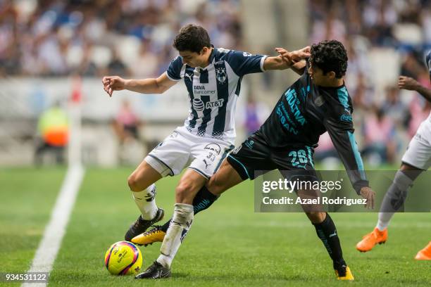Stefan Medina of Monterrey fights for the ball with Jaime Gomez of Queretaro during the 12th round match between Monterrey and Queretaro as part of...