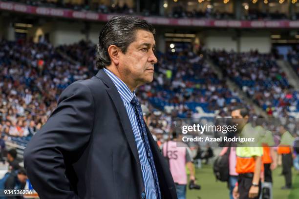 Luis Tena, coach of Queretaro, looks on during the 12th round match between Monterrey and Queretaro as part of the Torneo Clausura 2018 Liga MX at...