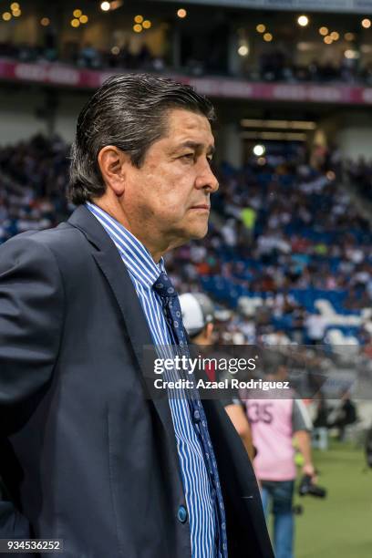 Luis Tena, coach of Queretaro, looks on during the 12th round match between Monterrey and Queretaro as part of the Torneo Clausura 2018 Liga MX at...