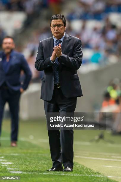 Luis Tena, coach of Queretaro gestures during the 12th round match between Monterrey and Queretaro as part of the Torneo Clausura 2018 Liga MX at...