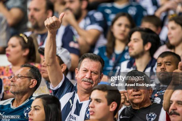 Fans of Monterrey cheer for the team during the 12th round match between Monterrey and Queretaro as part of the Torneo Clausura 2018 Liga MX at BBVA...