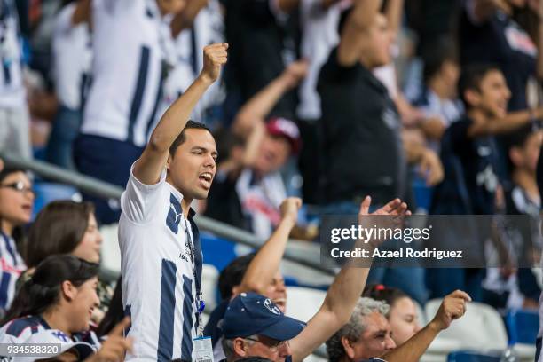 Fans of Monterrey cheer the team during the 12th round match between Monterrey and Queretaro as part of the Torneo Clausura 2018 Liga MX at BBVA...