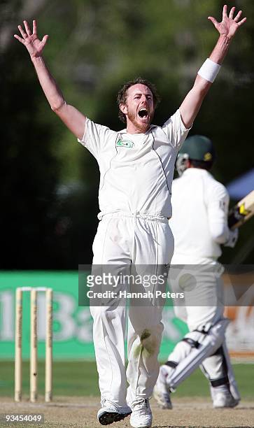 Iain O'Brien of New Zealand celebrates after trapping Kamran Akmal of Pakistan lbw during day five of the First Test match between New Zealand and...