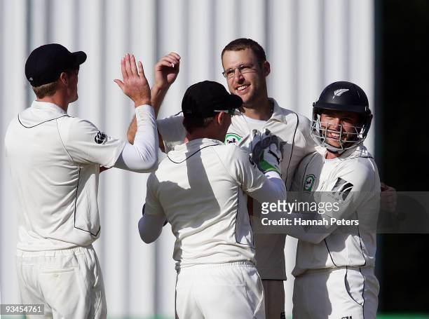 Daniel Vettori of New Zealand celebrates the wicket of Mohammad Asif of Pakistan during day five of the First Test match between New Zealand and...