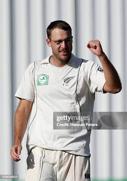 Daniel Vettori of New Zealand celebrates the wicket of Mohammad Asif of Pakistan during day five of the First Test match between New Zealand and...