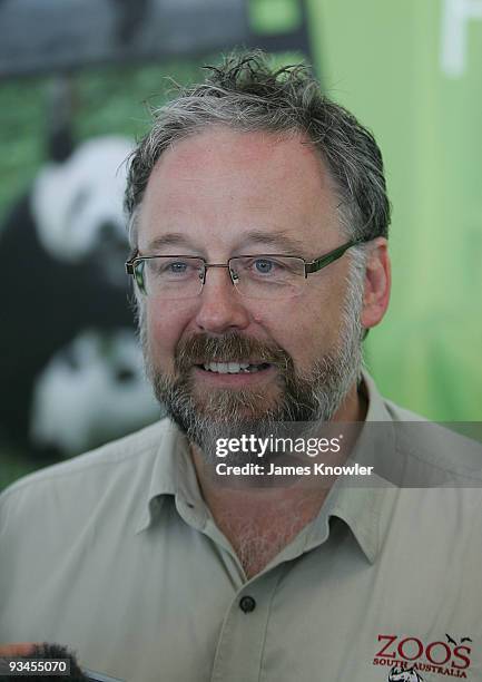 Adelaide Zoo chief executive officer, Chris West talks to media after arrive of giant Pandas Wang Wang and Funi arrive in a crate at Adelaide Airport...